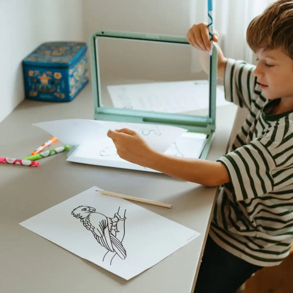 Ein Junge verwendet die Leuchttafel Kidydraw Pro zum Zeichnen und Ausmalen von Bildern.