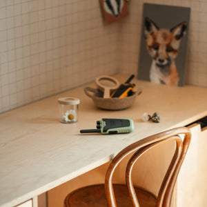 Walkie-Talkie Set in mintgrün auf einem Holztisch mit Dekoration und Kunstwerken im Hintergrund