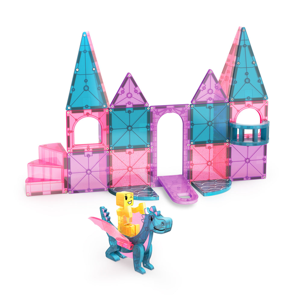 Magnetbausteine Burg Set mit bunten Transparentsteinen und einem Drachen für kreatives Spielzeug