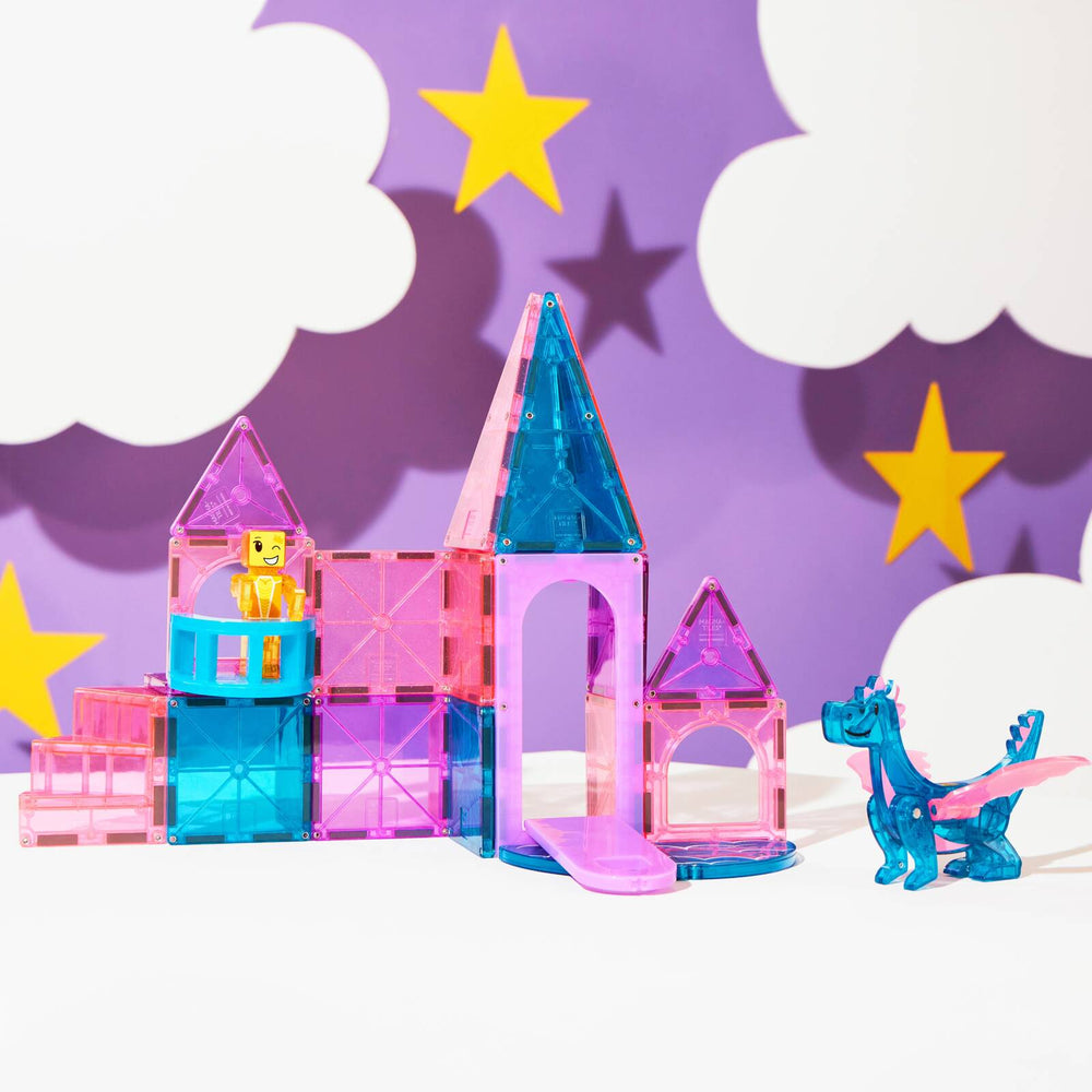 Magnetbausteine Burg Set mit bunten Transparentsteinen und einem Drachen für kreatives Spielzeug