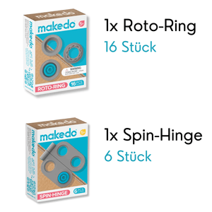 Makedo Roto-Ring Spin-Hinge Set Kinder mit 16 Roto-Ringen und 6 Spin-Scharnieren für kreatives Basteln