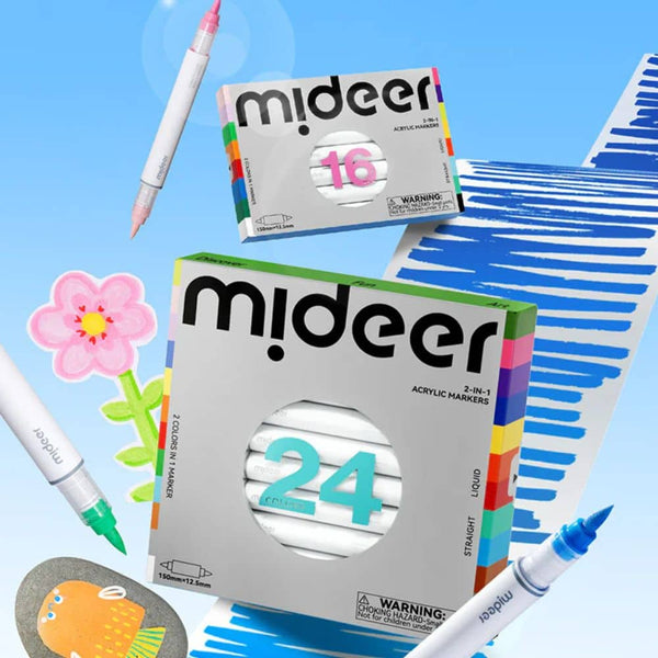 Mideer Acrylmarker Set 24 Farben in Verpackung mit verschiedenen Malstilen und Farben