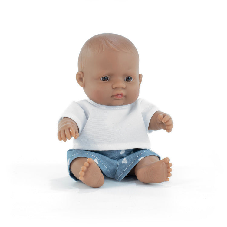 Miniland Lalka Babysitter mit brauner Haut und blauem Herz-Muster-Höschen
