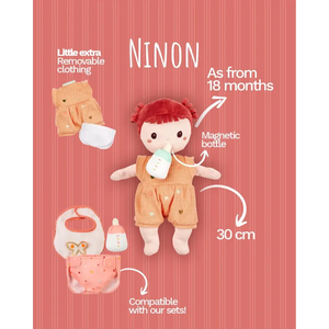 Weiche Babypuppe Ninon mit Kleidung und Fläschchen, 30 cm (ab 18 Monaten)