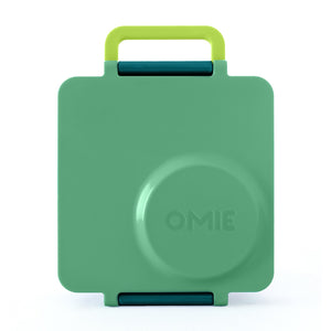 Lunchbox mit Thermoskanne OmieBox – Meadow in grün mit gelbem Griff und OMIE Prägung