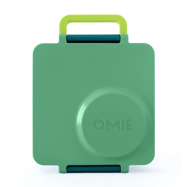 Lunchbox mit Thermoskanne OmieBox – Meadow in grün mit gelbem Griff und OMIE Prägung