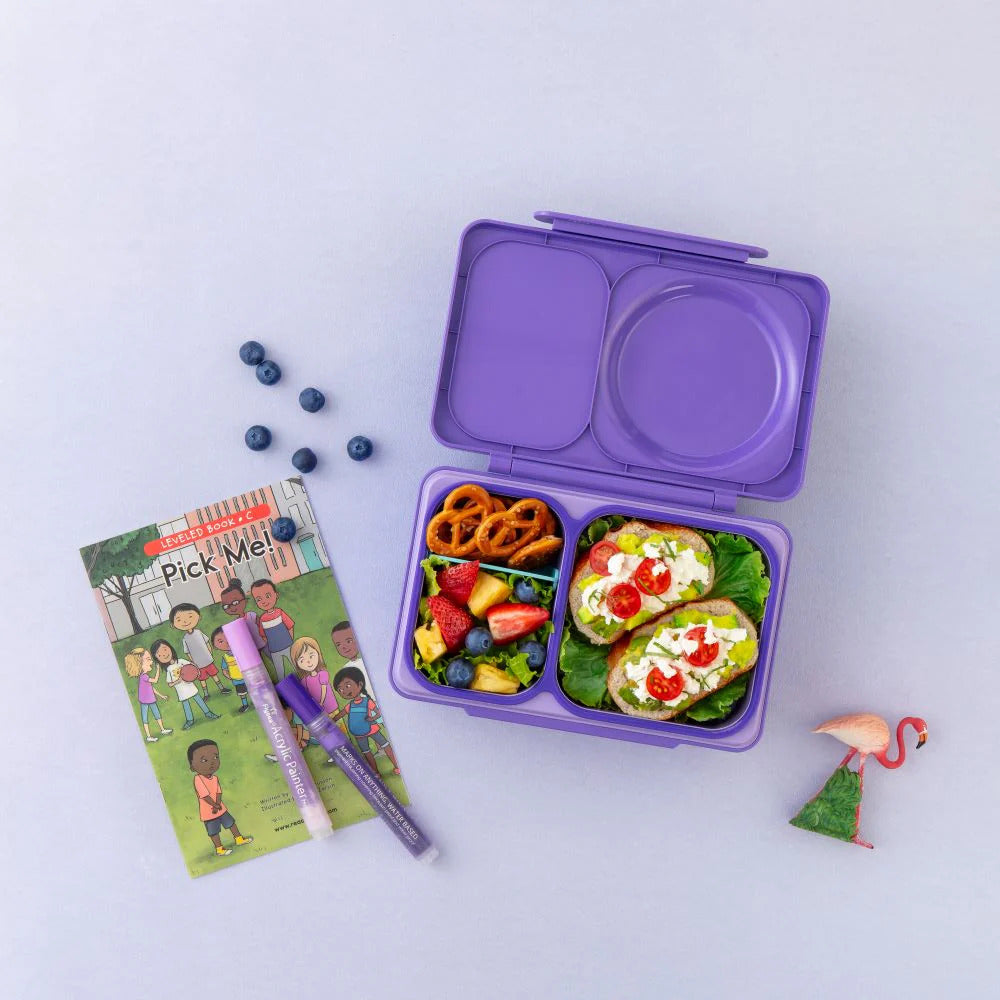 Lunchbox mit Thermosbehälter OmieBox Up – Galaxy Purple offene violette Lunchbox mit Edelstahl Thermosbehälter und kleinen Fächern