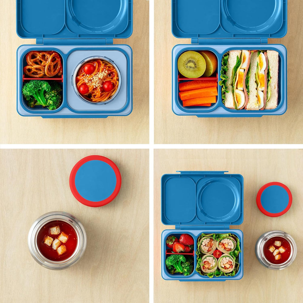 Lunchbox mit Thermosbehälter OmieBox Up – Cosmic Blue mit Fächern für Snacks und Edelstahl Thermosbehälter