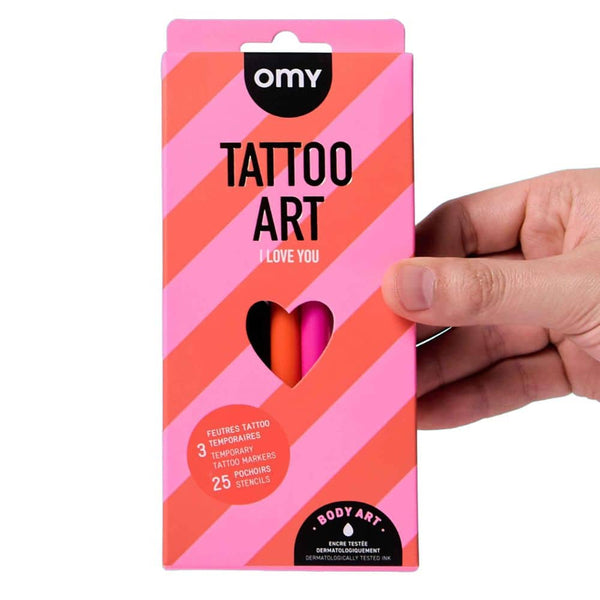 OMY Tattoo Marker Set für Kinder mit 3 temporären Stiften und 25 Schablonen für kreativen Spaß