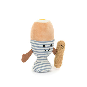 Jellycat Plüsch Ei im Glas mit freundlichem Gesicht und kleinem Brotstick zur Ergänzung