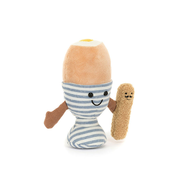 Jellycat Plüsch Ei im Glas mit freundlichem Gesicht und kleinem Brotstick zur Ergänzung
