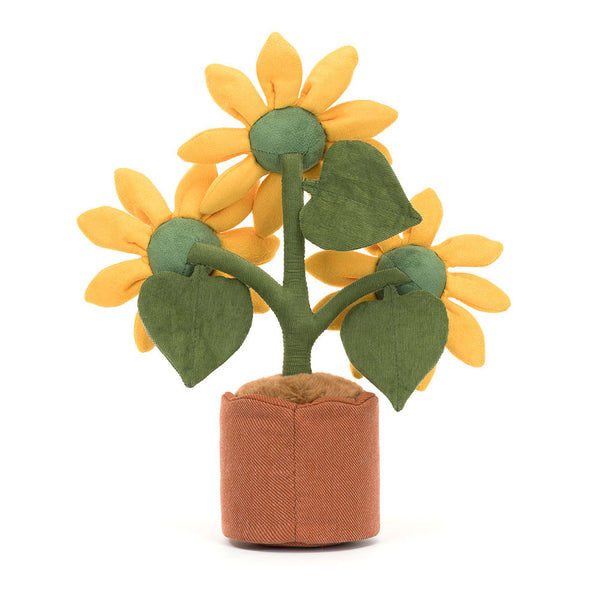 Jellycat Przytulanka Plüsch-Sonnenblumen 35 cm mit gelben Blüten und grünen Blättern im braunen Topf