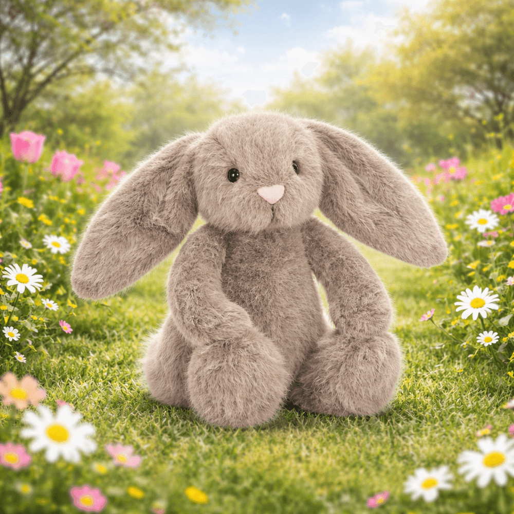 Jellycat Plüschhase Flufflet Fawn in Grau mit großen Ohren und knuddeligem Körper