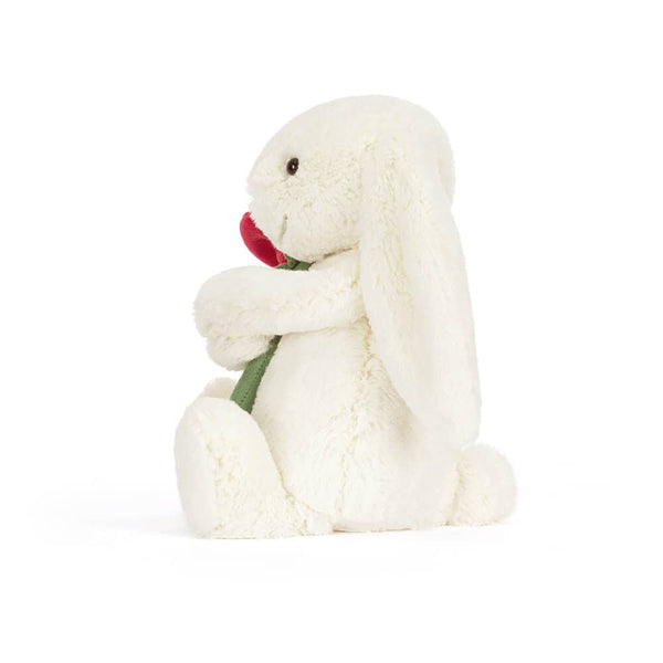 Jellycat Plüschhase mit langen Ohren, hält eine rote Blume in der Hand, ideales Geschenk für Kinder