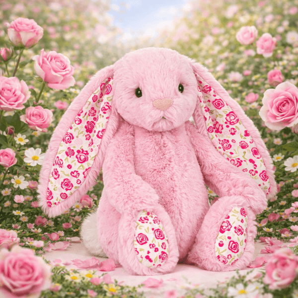 Plüschkaninchen LUX mit Blumenöhrchen von Jellycat in einer blühenden Rosenumgebung