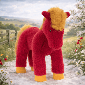 Jellycat rotes Plüschtier Pferd mit gelbem Schopf, perfekt zum Kuscheln und Spielen