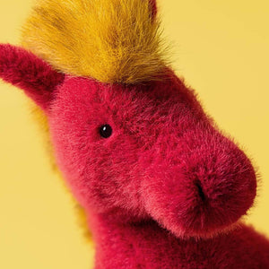 Jellycat Plüschtier in Form eines roten Pferdes mit gelbem Puschelschwanz