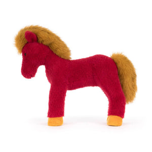 Rotes Jellycat Plüschtier Pferd mit braunem Fell und orangefarbenen Füßen für Kinder