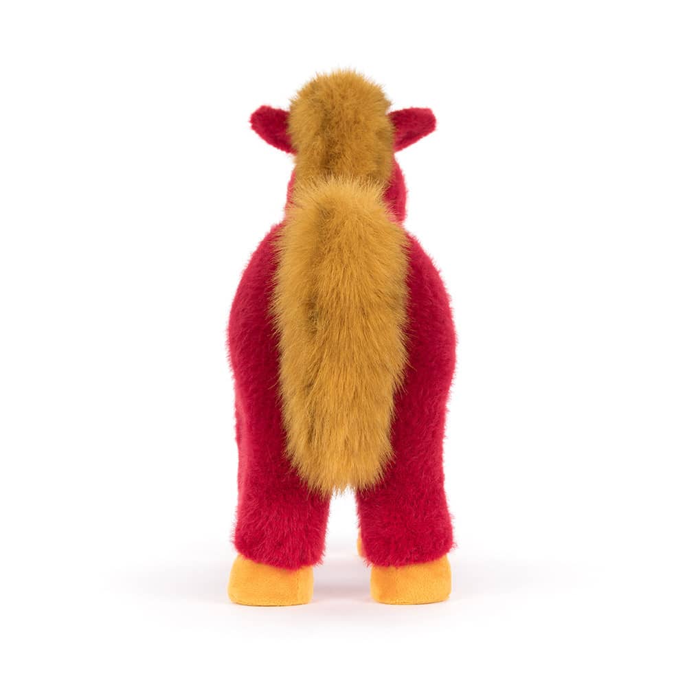 Jellycat plüschtier in Form eines roten Pferdes mit gelben Füßen und einer goldenen Mähne