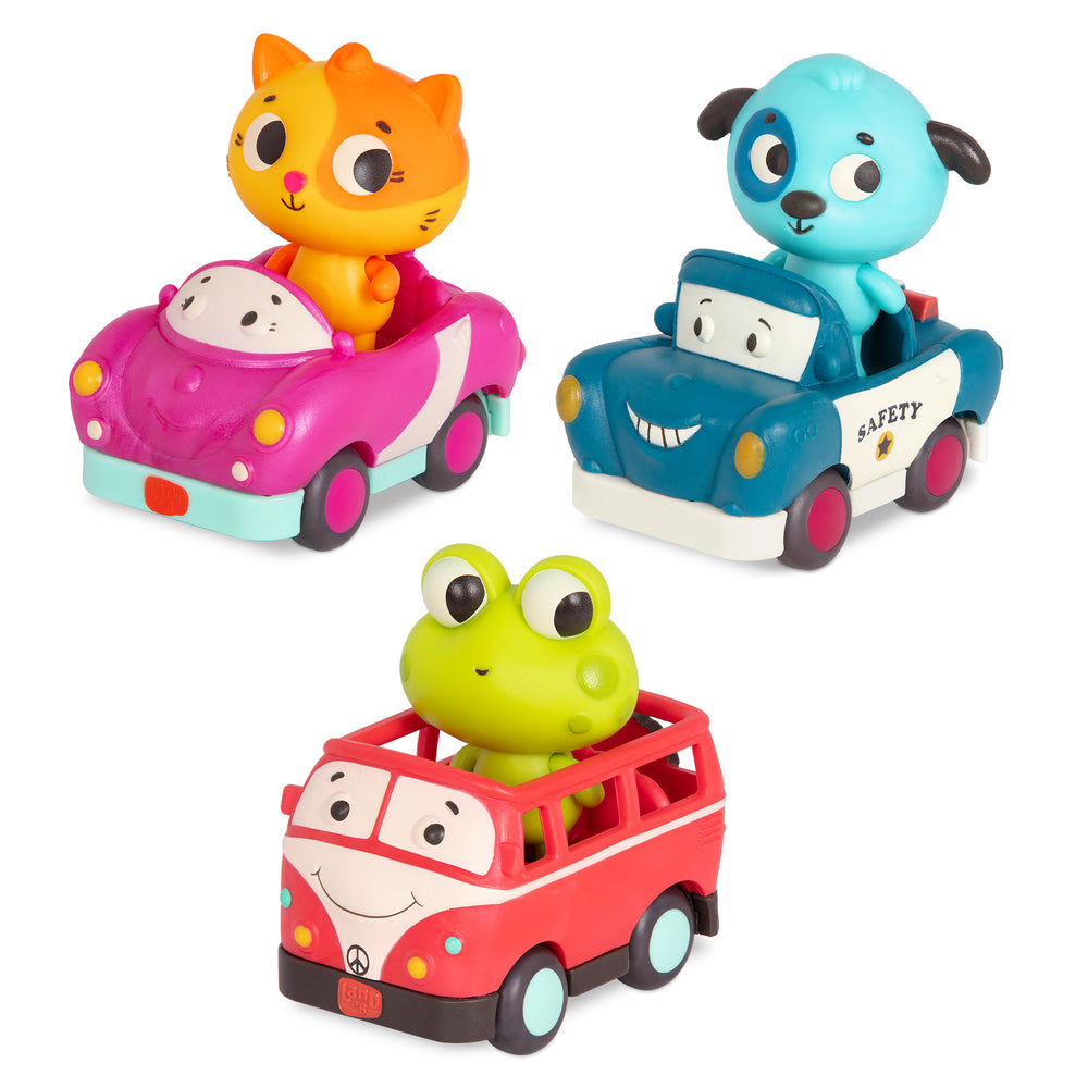 Set mit 3 weichen Sensorik-Autos mit fröhlichen Passagieren – Bus, Polizeiauto, Rennwagen - tablude.com