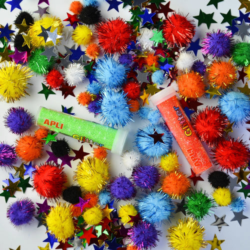Set mit sensorischen Accessoires – Pompons, Sterne, Glitzer - tablude.com