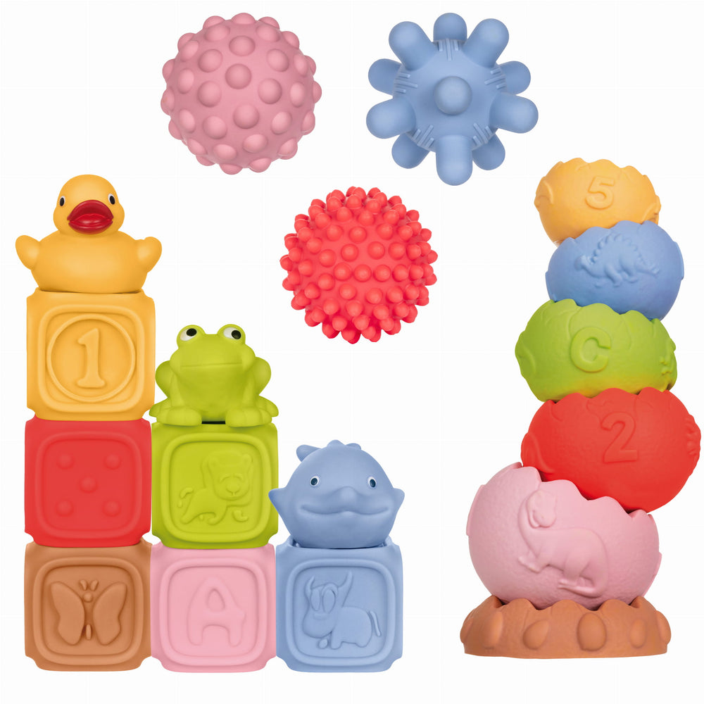 Sensorik-Bausteine Set Montessori 18-teilig mit Pyramide Bällen Tieren