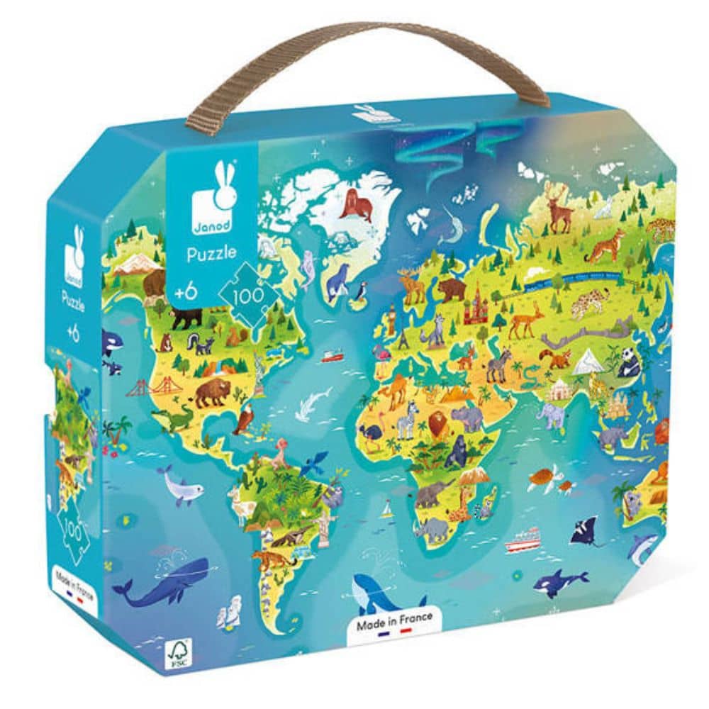 Puzzle im Koffer, hergestellt in Frankreich – Weltkarte, 100 Teile