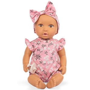 Babypuppe mit Schnuller – In rosa Kleidchen mit Blümchenmuster und Haarband