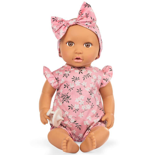 Babypuppe mit Schnuller – In rosa Kleidchen mit Blümchenmuster und Haarband
