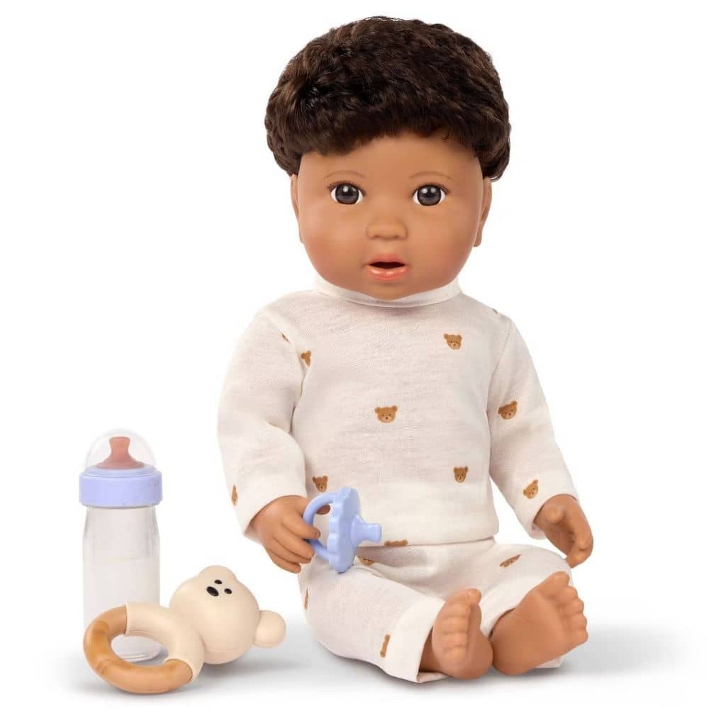 Babypuppe Junge mit Zubehör – In Kleidung mit Teddybär