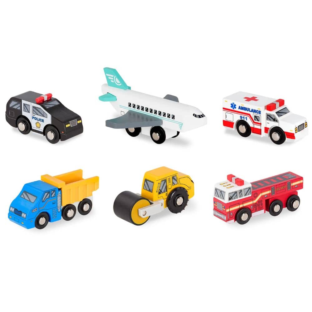 Holzfahrzeuge – Rettungs- und Baufahrzeuge mit Flugzeug, 6-teiliges Set