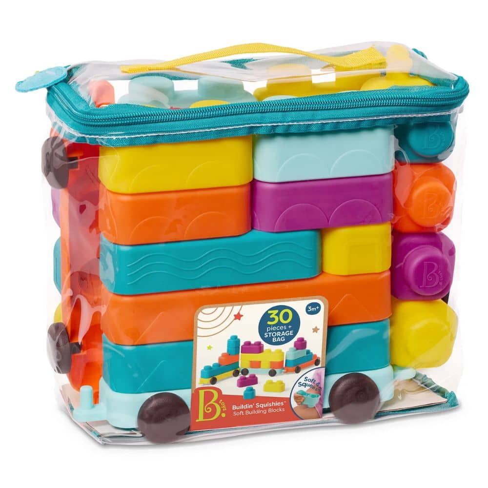 Miękkie klocki sensoryczne z wagonikami B. Toys – Buildin’ Squishies