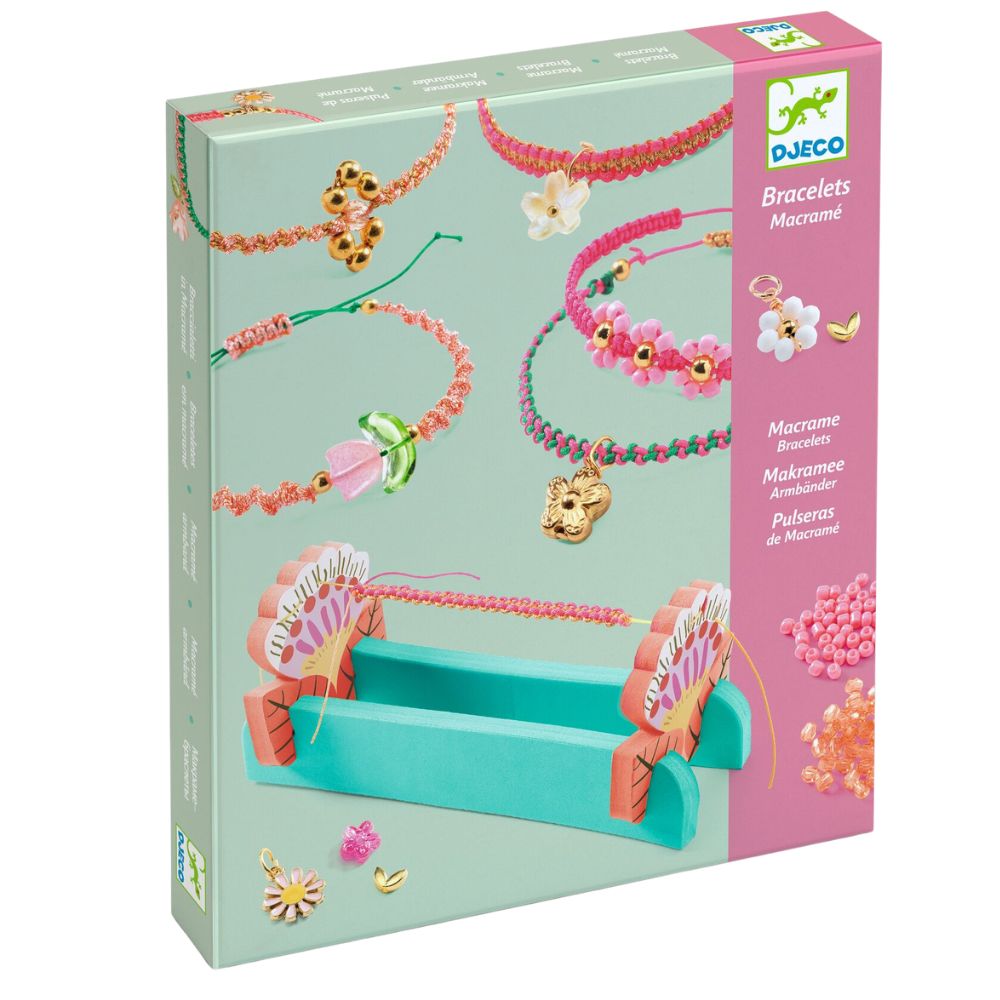 Verpackung des Djeco Bastelsets Makramee-Armbänder in Rosa