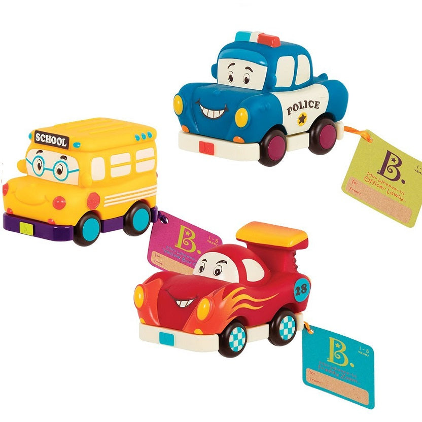 Trzy miękkie autka B. Toys - Wheeeels Mini z radiowozem - tablude.com