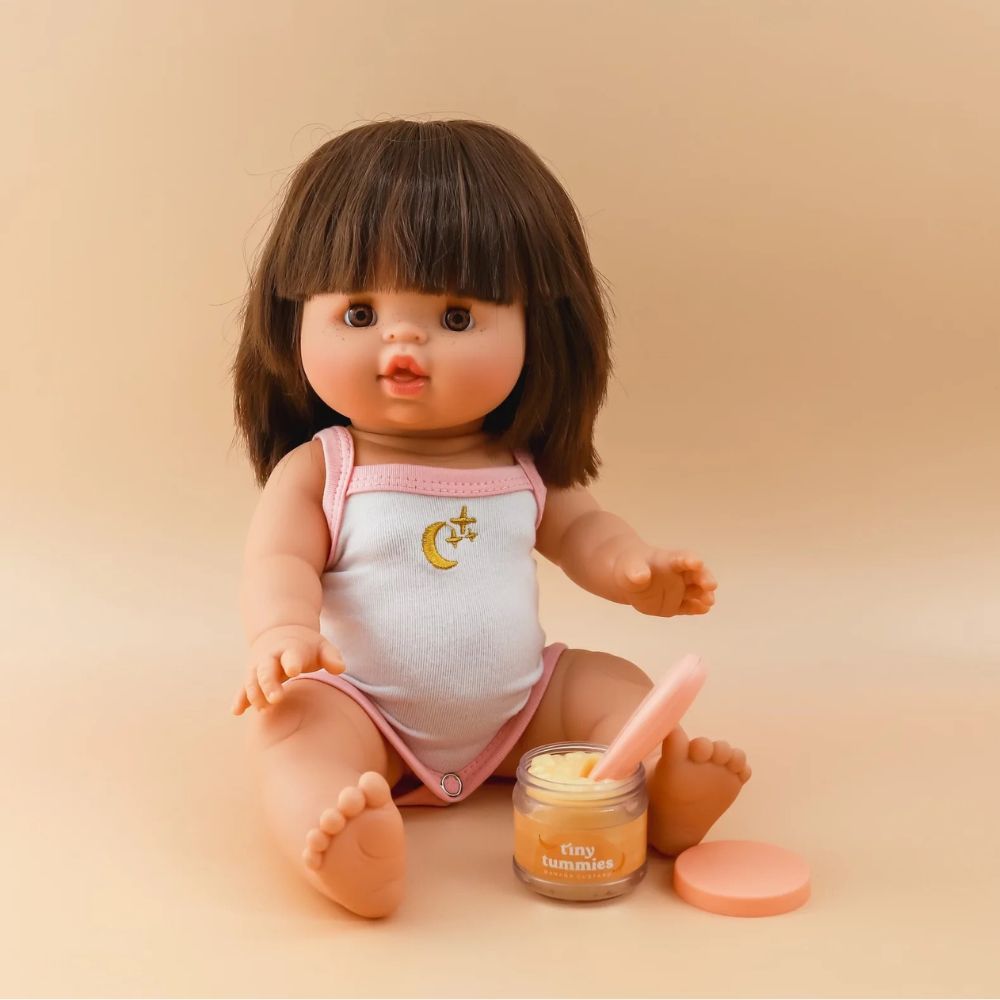 Tiny Harlow Puppen Fütterungsset mit Löffel und einem Glas mit Bananenpudding für Spielzeugpuppen