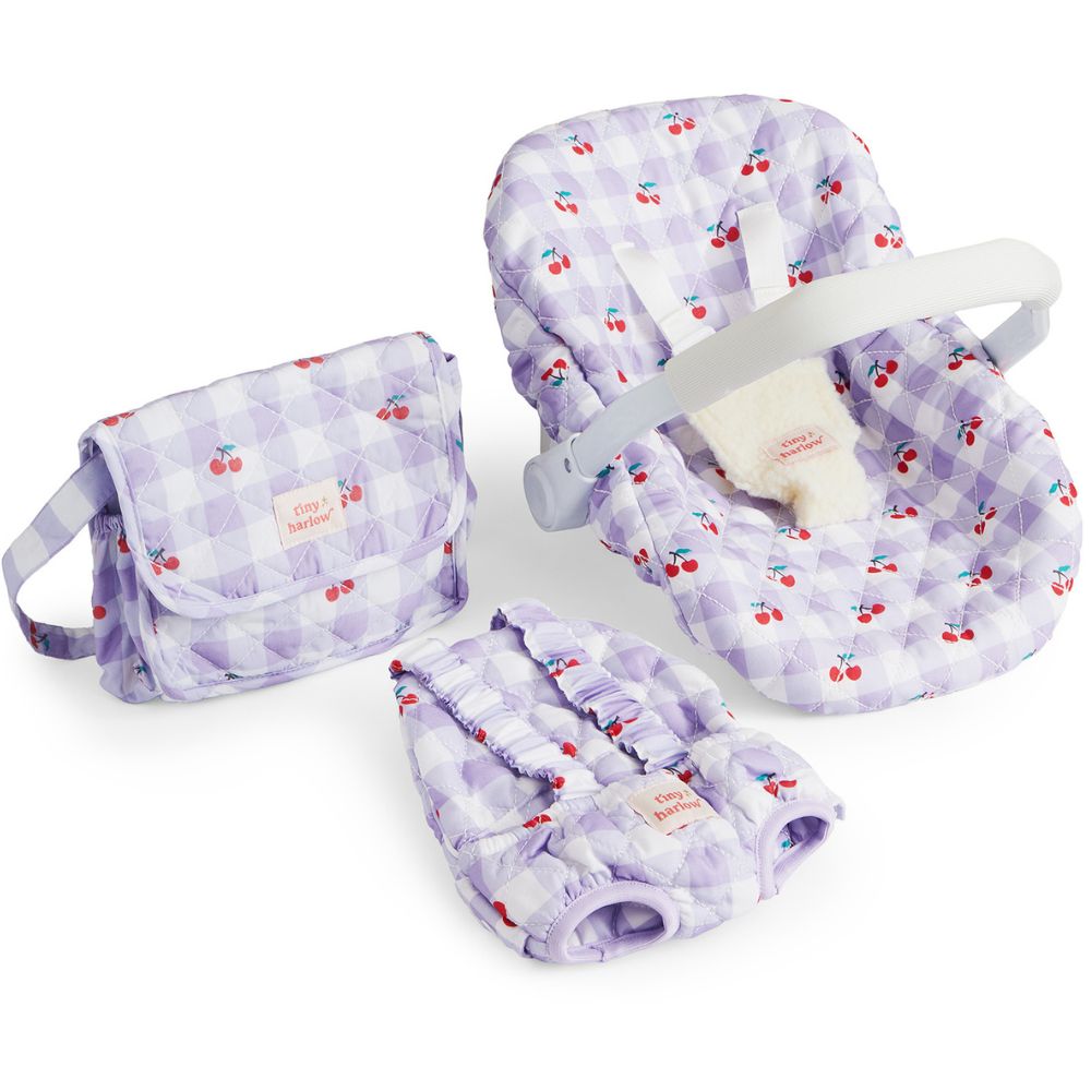 Puppenzubehör Tasche von Tiny Harlow mit lila Karo-Muster und Zubehör für Puppenspiele