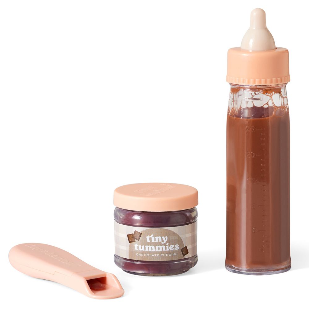 Tiny Tummies Set Zauberflasche mit Schokoladengeschmack und Messlöffel für Puppenaccessoires