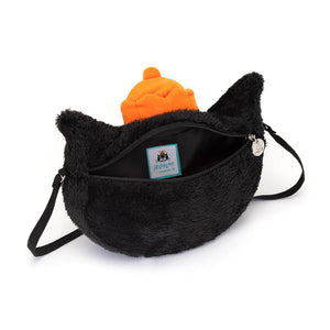Schwarze Jellycat Umhängetasche mit weichem Fell und einem orangefarbenen Detail innen